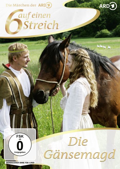 "Die Gänsemagd" steht vor einer Wiese mit einem Mann in mittelalterlicher Kleidung und Pferd; Gänse im Hintergrund.