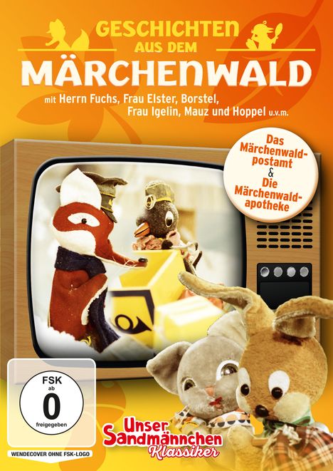 "Geschichten aus dem Märchenwald" oben. Ein TV-Gerät zeigt Tiere. "Unser Sandmännchen Klassiker" unten.