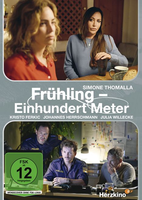 Text: "Frühling – Einhundert Meter", "SIMONE THOMALLA", "KRISTO FERKIC", "JOHANNES HERRSCHMANN", "JULIA WILLECKE". Drei Menschen in Polizeiuniformen am unteren Teil.