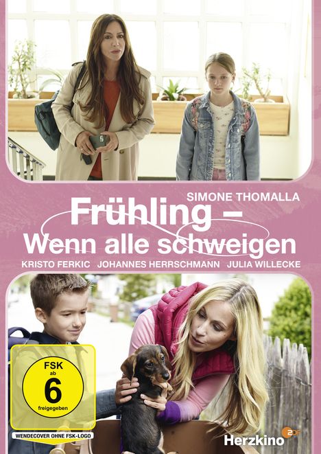 Text: "Frühling – Wenn alle schweigen", "FSK ab 6 freigegeben". Frau mit Kind, unten Kind mit Hund und Frau.