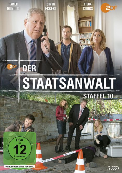 "Der Staatsanwalt, Staffel 10." Rainer Hunold telefoniert ernst. Unten: Ermittler untersuchen Tatort mit Leiche.
