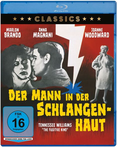 „DER MANN IN DER SCHLANGENHAUT“, Schauspieler: Marlon Brando, Anna Magnani, Joanne Woodward. Illustration in Rot und Schwarz.