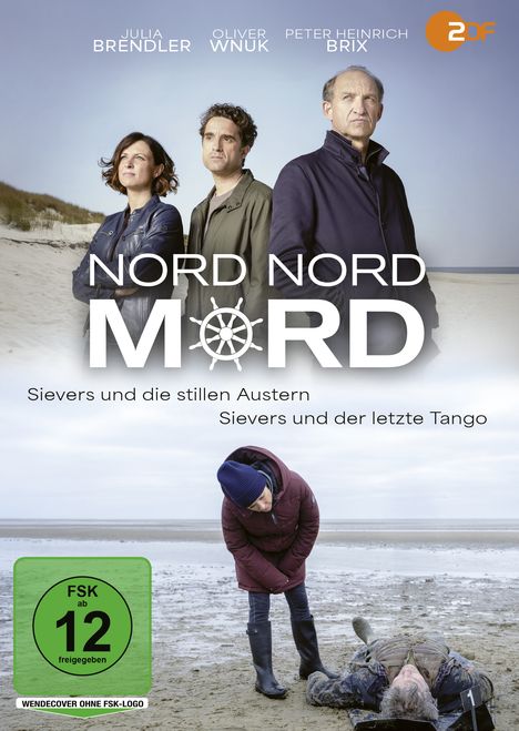 "NORD NORD MORD" oben, darunter "Sievers und die stillen Austern", "Sievers und der letzte Tango". Drei Menschen am Strand.