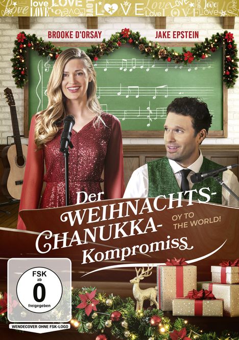 Oben „Brooke D'Orsay, Jake Epstein“, Mitte „Der Weihnachts-Chanukka-Kompromiss“. Frau in Rot, Mann in Grün vor Tafel.