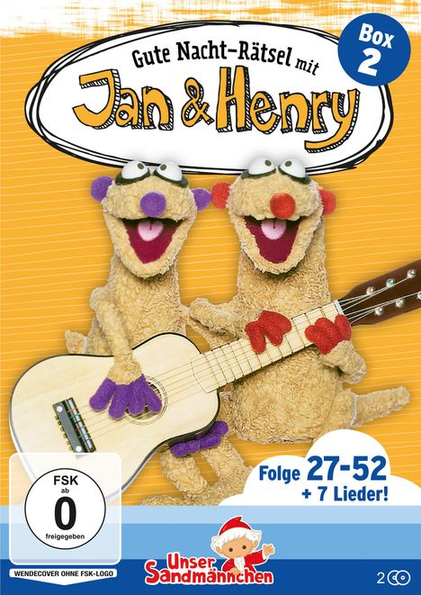 "Box 2", "Folge 27-52 + 7 Lieder!", "Gute Nacht-Rätsel mit Jan & Henry". Zwei Figuren mit Gitarre, fröhlich.