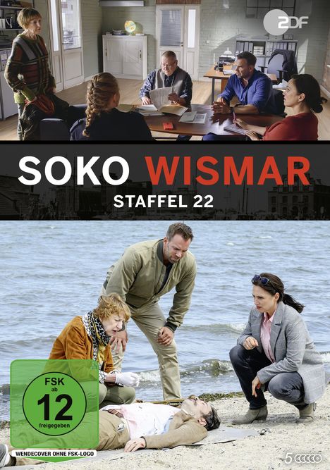 "SOKO WISMAR STAFFEL 22" oben. Eine Gruppe am Tisch und am Strand mit bewusstloser Person. FSK 12 Logo.