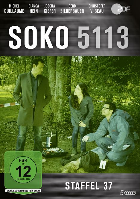 Text oben: "Michel Guillaume, Bianca Hein, Joscha Kiefer, Gerd Silberbauer, Christofer v. Beau". Groß: "SOKO 5113". Text unten: "Staffel 37". Szene: Menschen bei einer Untersuchung im Freien.
