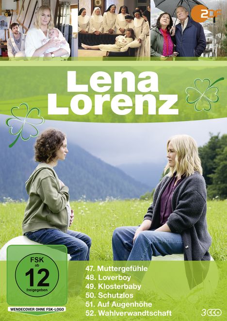 "Lena Lorenz". Folgen: 47. Muttergefühle, 48. Loverboy, 49. Klosterbaby, 50. Schutzlos, 51. Auf Augenhöhe, 52. Wahlverwandtschaft. Darunter zwei Frauen auf Wiese.