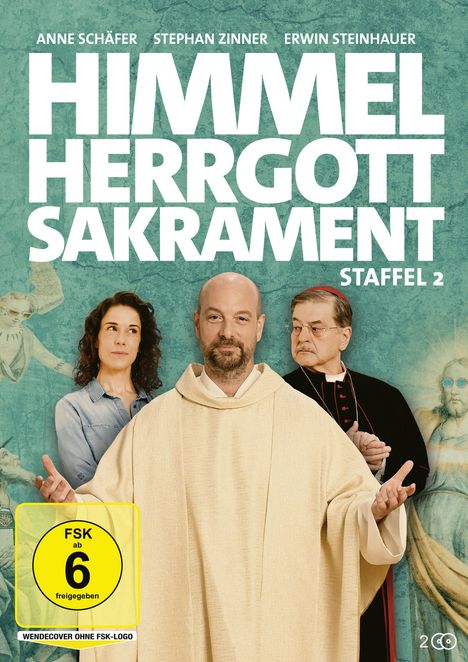 Oben: Titel "Himmel, Herrgott, Sakrament Staffel 2". Drei Personen, mittig ein Mann in priesterlicher Kleidung.