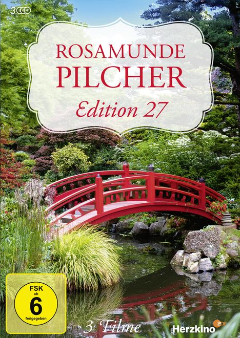 Text: "ROSAMUNDE PILCHER Edition 27", "FSK ab 6 freigegeben", "3 Filme", "Herzkino". Rote Brücke über einem Teich im Garten.