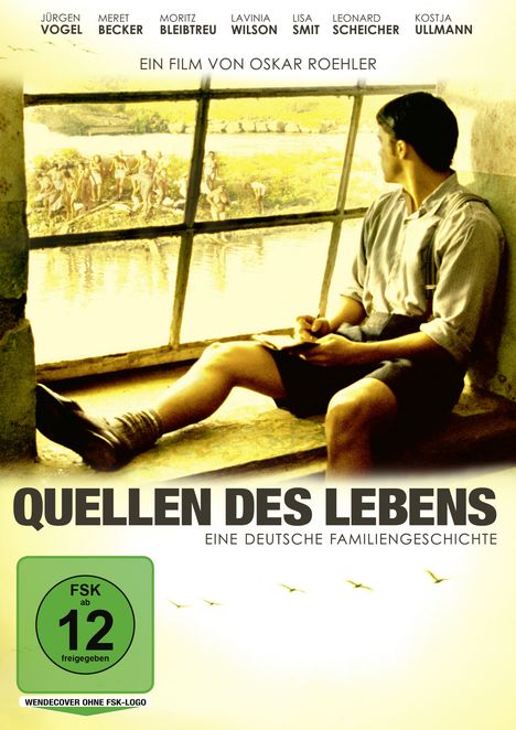 Ein Mann sitzt lesend am Fenster, im Hintergrund Menschen am Fluss. Text: "Quellen des Lebens", FSK 12 Logo.