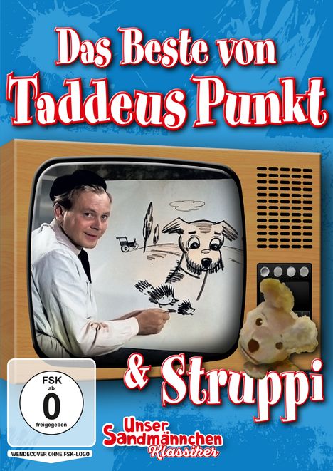 Blauer Hintergrund mit Text: "Das Beste von Taddeus Punkt & Struppi". Ein Mann zeichnet einen Hund im Schwarz-Weiß-Fernseher.
