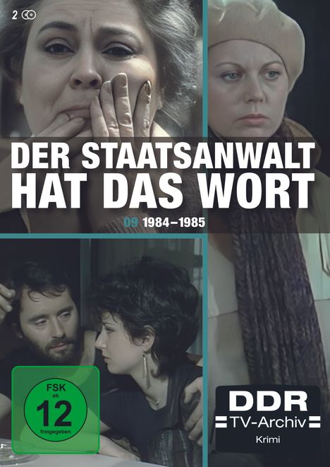 „DER STAATSANWALT HAT DAS WORT 09 1984-1985“ mit Bildern von Gesichtern und einem FSK 12-Logo. Unten rechts: „DDR TV-Archiv Krimi“.