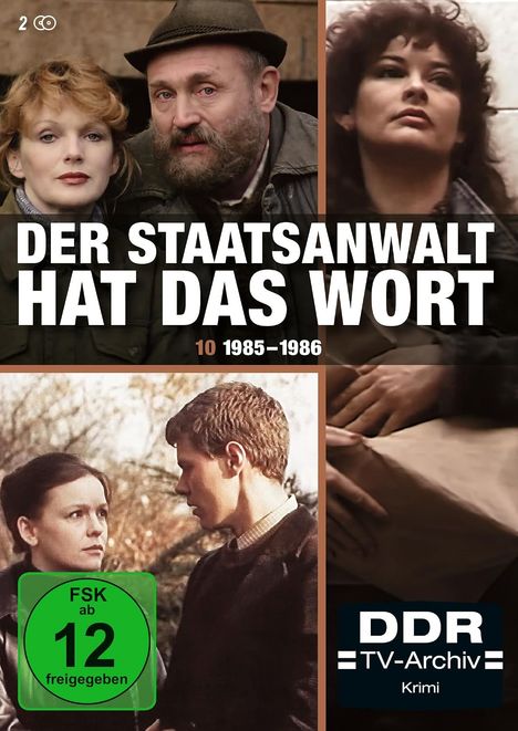 Text: "DER STAATSANWALT HAT DAS WORT", "1985–1986", "FSK ab 12 freigegeben", "DDR TV-Archiv Krimi".  
Menschen in verschiedenen Szenen.