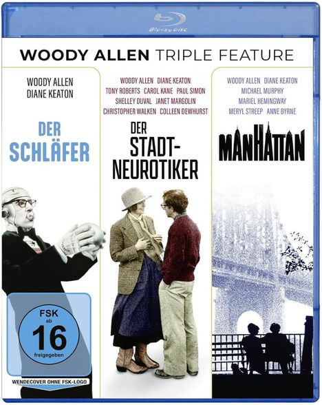 "Der Schläfer", "Der Stadtneurotiker", "Manhattan". Zeigt drei Film-Cover: eine Figur mit Brille, ein Gesprächspaar, die Skyline.