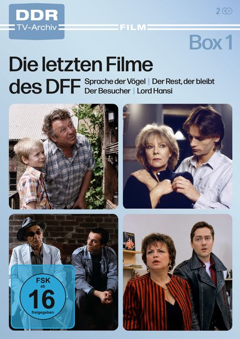 Text: DDR TV-Archiv, Box 1, Die letzten Filme des DFF. Bilder zeigen Szenen mit Menschen in unterschiedlichen emotionalen Momenten.