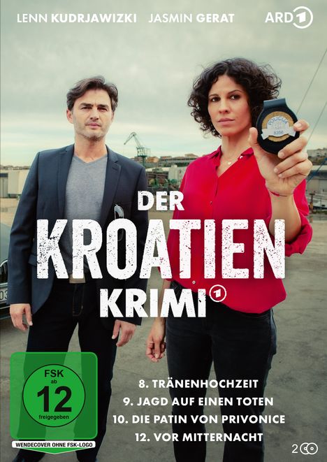 "Der Kroatien Krimi" oben und vier Episodentitel unten. Eine Frau zeigt eine Polizeimarke, ein Mann steht daneben.