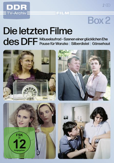 „Die letzten Filme des DFF. Mäuselaufrad, Szenen einer glücklichen Ehe, Pause für Wanzka, Silberdistel, Gänsehaut.“  
Vier Filmszenen. FSK 12.