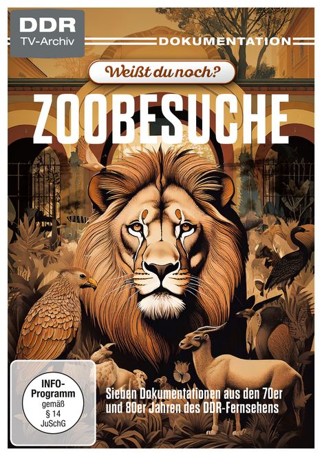Text: DDR TV-Archiv, Dokumentation, Weißt du noch? Zoobesuche. Sieben Dokumentationen aus den 70er und 80er Jahren des DDR-Fernsehens.  

Ein Löwe umgeben von verschiedenen Tieren.