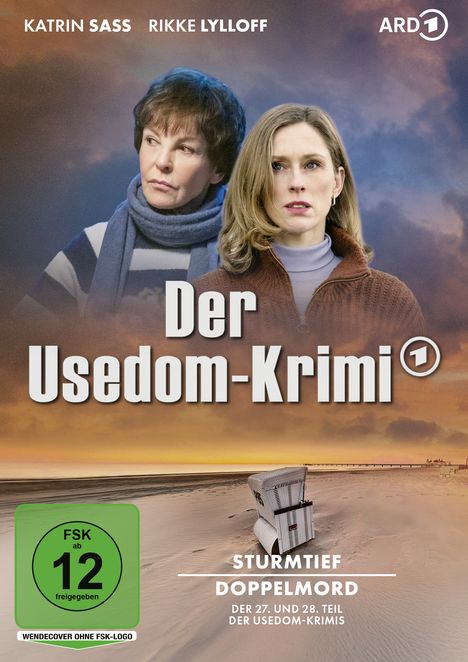 "Der Usedom-Krimi", "Sturmtief". Zwei Personen schauen ernst, darunter ein Strandkorb bei Sonnenuntergang.