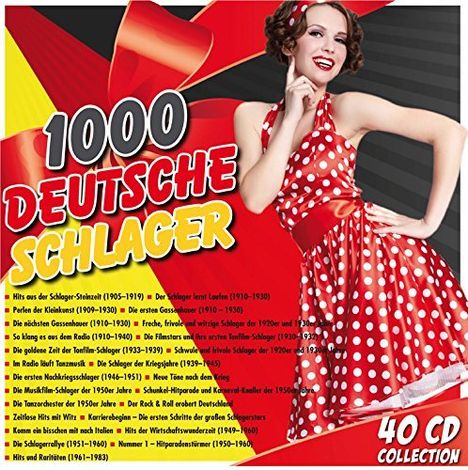 "1000 Deutsche Schlager" in großer Schrift, eine Frau im roten Tupfenkleid lächelt. "40 CD Collection" unten rechts.