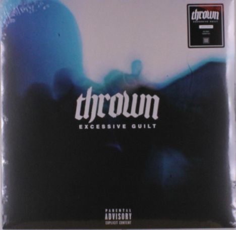 Text: "thrown," "EXCESSIVE GUILT." Dunkles, blau-schwarzes Design mit verschwommenen Formen.