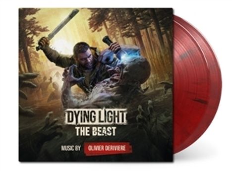 "Dying Light The Beast" und "Music by Olivier Derivière". Illustration eines Kampfes mit Schallplatte in Rot.