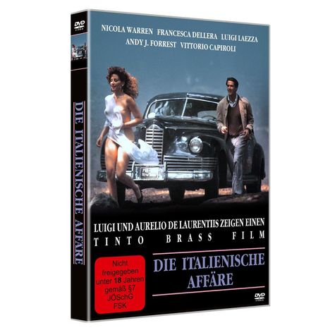 DVD-Cover: "Die Italienische Affäre", keine Jugenderlaubnis, Foto von Mann und Frau vor einem Retro-Auto.