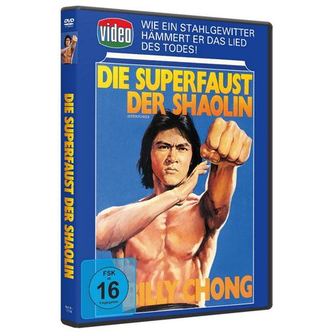 "Die Superfaust der Shaolin" und "FSK ab 16 freigegeben". Ein Mann in Kampfpose mit nacktem Oberkörper.