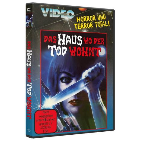 Titel: "Das Haus wo der Tod wohnt". Text: "Horror und Terror total!" Illustration: Frau hält großes Messer.