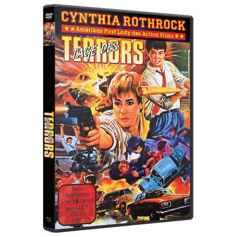 „Cynthia Rothrock“, „Amerikas First Lady des Action Films“, „Tage des Terrors“. Illustratives Cover mit Action-Szenen.