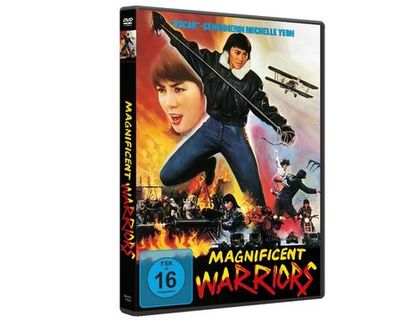 "OSCAR"-GEWINNERIN MICHELLE YEOH. DVD-Hülle von "Magnificent Warriors", Flammen, Flugzeug, FSK 16.