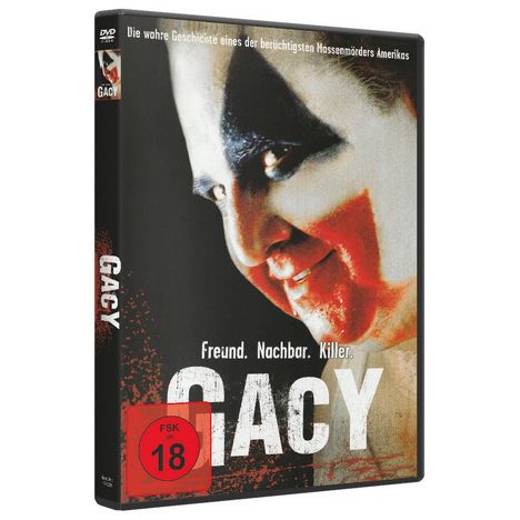 „Freund. Nachbar. Killer. GACY“ mit FSK 18. Ein lächelnder Clown mit schwarzer und roter Schminke.