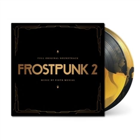 "Frostpunk 2" Soundtrack, Musik von Piotr Musiał, schwarzes Cover mit Ornamenten, zwei Vinyl-Schallplatten sichtbar.