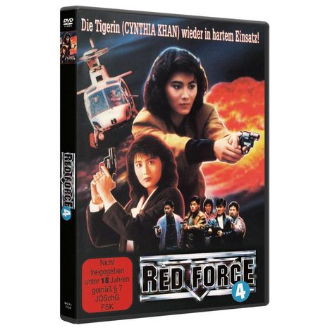 DVD-Hülle von "RED FORCE 4", oben Text: "Die Tigerin (CYNTHIA KHAN) wieder in hartem Einsatz!". Abbildung von Action-Szenen.