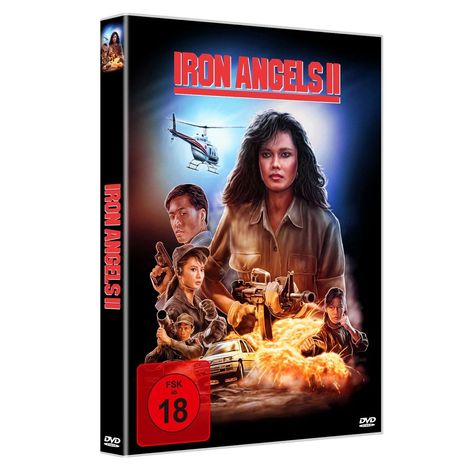 Text: „IRON ANGELS II“, „FSK 18“. Eine actionreiche Illustration mit Helikopter, Explosionen und bewaffneten Figuren.