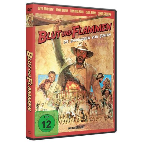 Cover einer DVD mit dem Titel "Blut und Flammen: Die Barrikaden von Eureka". Illustration eines Mannes mit Gewehr.
