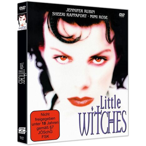 "Little Witches", DVD-Hülle mit Hinweis: "Nicht freigegeben unter 18 Jahren". Gesicht einer Frau mit intensiven Augen.