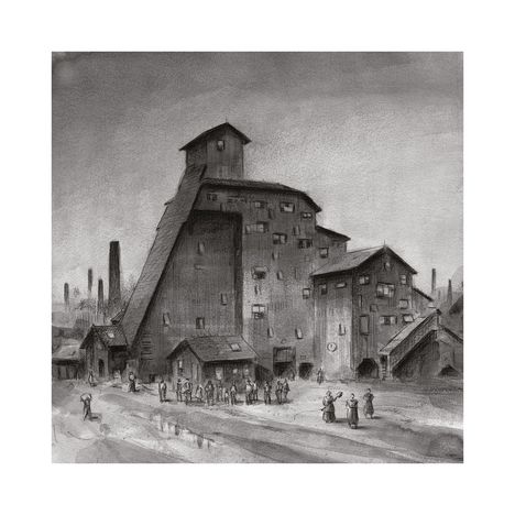 Illustration einer alten Bergwerksanlage mit großen Holzbauten und Menschen in traditioneller Kleidung im Vordergrund.