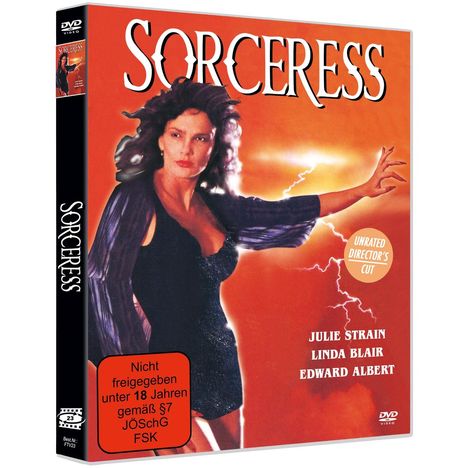 Filmcover mit Texten: „SORCERESS“, „Nicht freigegeben unter 18 Jahren“. Frau vor rotem Hintergrund mit Blitzen.