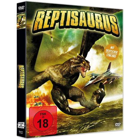 „REPTISAURUS“ in großen gelben Buchstaben, „Mit deutscher Synchro“. Ein Monster kämpft gegen Jets, FSK 18 Hinweis vorne.