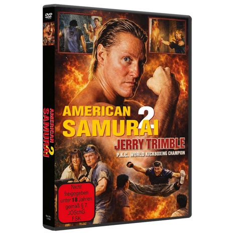 „American Samurai 2“ in gelber Schrift, Bild eines muskulösen Mannes, FSK 18 Hinweis in rotem Kreis unten.
