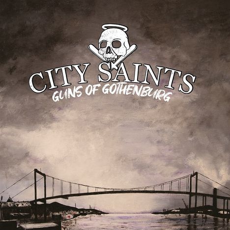 "City Saints, Guns of Gothenburg" steht über einem Brückenmotiv in einer düsteren Illustration.