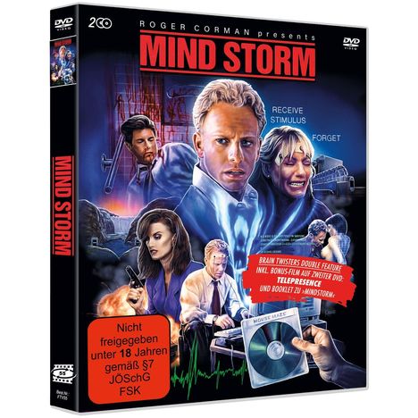 „Mind Storm“, „Nicht freigegeben unter 18 Jahren“, Menschen mit ernsten Ausdrücken, technologische und futuristische Elemente.