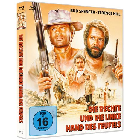 Blu-ray-Hülle mit Cover von "Die rechte und die linke Hand des Teufels", zeigt zwei Männer mit Gewehren, andere Figuren darunter.