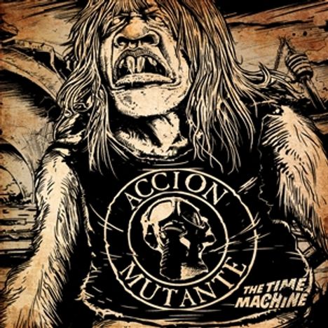 "ACCION MUTANTE" und "THE TIME MACHINE" auf einem T-Shirt eines Comic-ähnlichen Wesens mit wilder Umgebung.