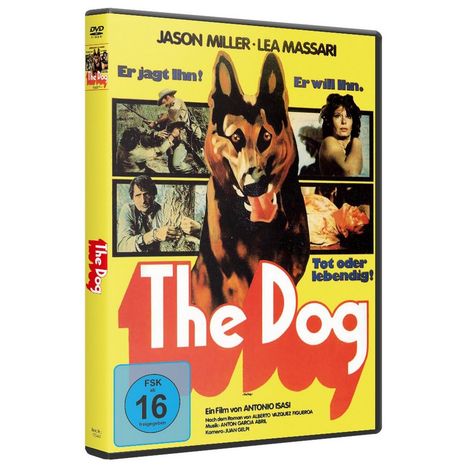 „The Dog“ in roter Schrift, gelber Hintergrund, Bilder eines Schäferhundes und Filmszenen, „FSK 16“ blaues Siegel.