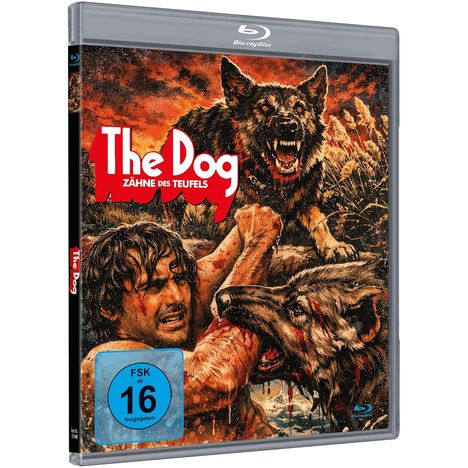 Text: "The Dog: Zähne des Teufels", "FSK ab 16 freigegeben". Illustration von kämpfendem Mann und aggressiven Hunden.