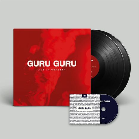 Text auf rotem Hintergrund: "GURU GURU - Live in Concert". Schwarze Vinyl-Schallplatte, DVD und CD mit Text und Muster.
