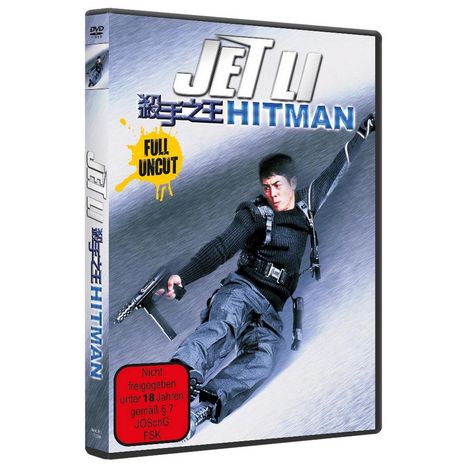 JET LI, HITMAN, FULL UNCUT, rote FSK 18 Warnung. Ein Mann in Actionpose mit Waffe springt dynamisch seitwärts.